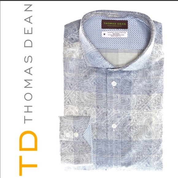 🆕 Thomas Dean Blue Paisley Long Sleeve Button Up - Picture 1 of 4